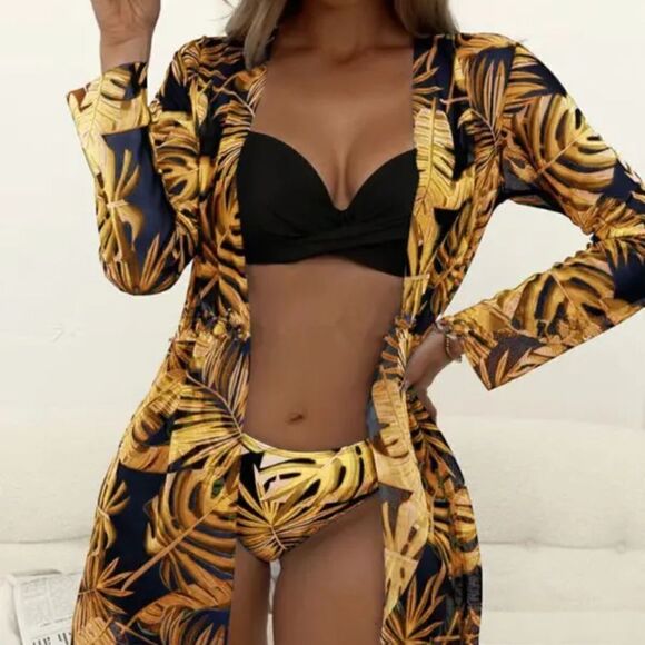 5- 3PCS Tropical Print Crisscross Bikini Set With Cover Up, Chic and Sexy, - Picture 11 of 13